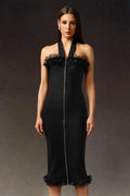 Black Lace Bandage Midi Dress with Halter Neckline