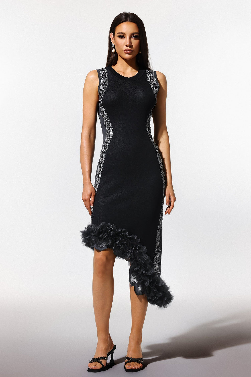 Black Lace Bandage Midi Dress with Round Collar and Ruffled Hem