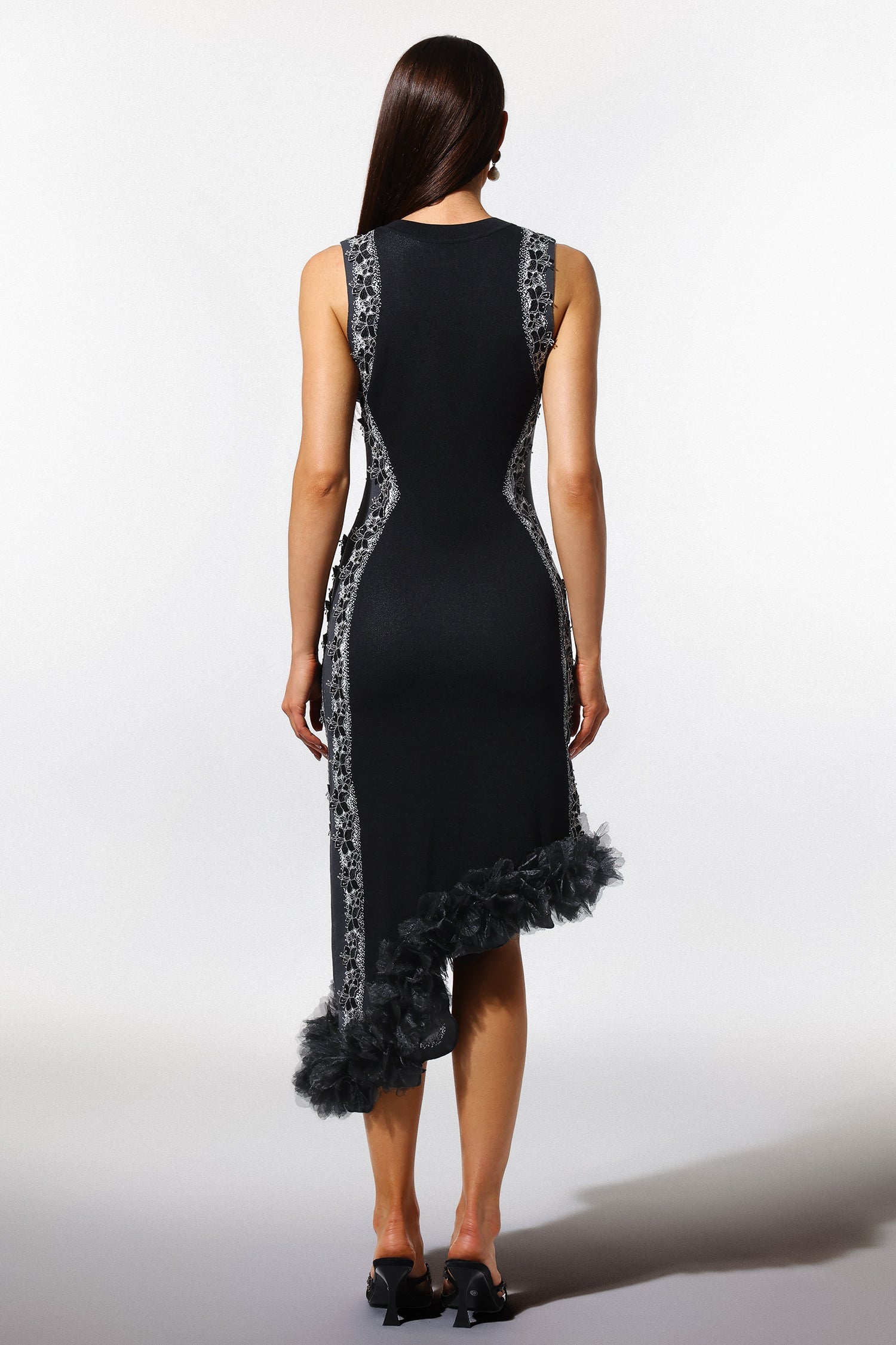 Black Lace Bandage Midi Dress with Round Collar and Ruffled Hem
