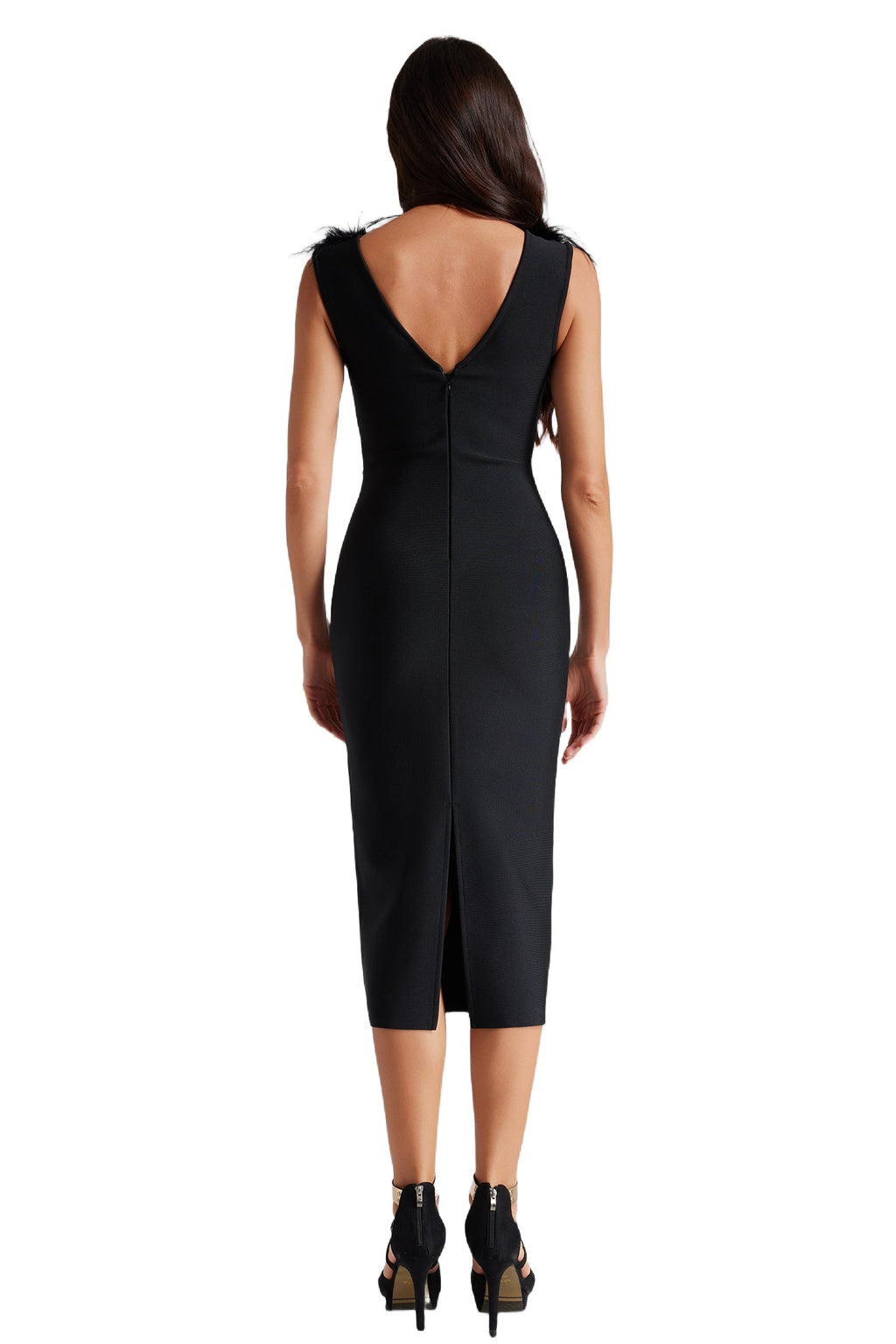 Black Lorraine Feather V Neck Bandage Midi Dress