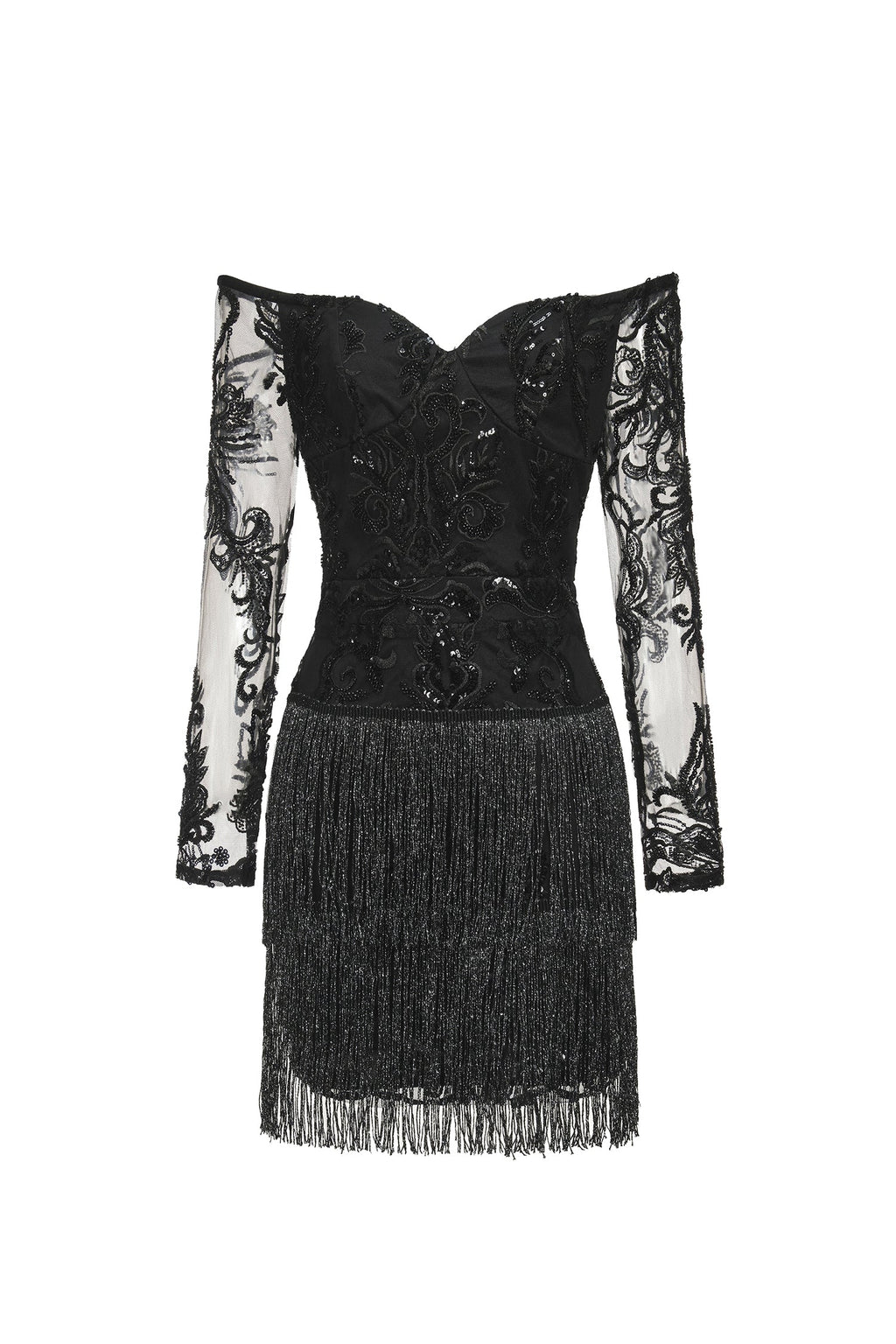 Black Ludia Lace Sequins Off Shoulder Fringe Mini Dress