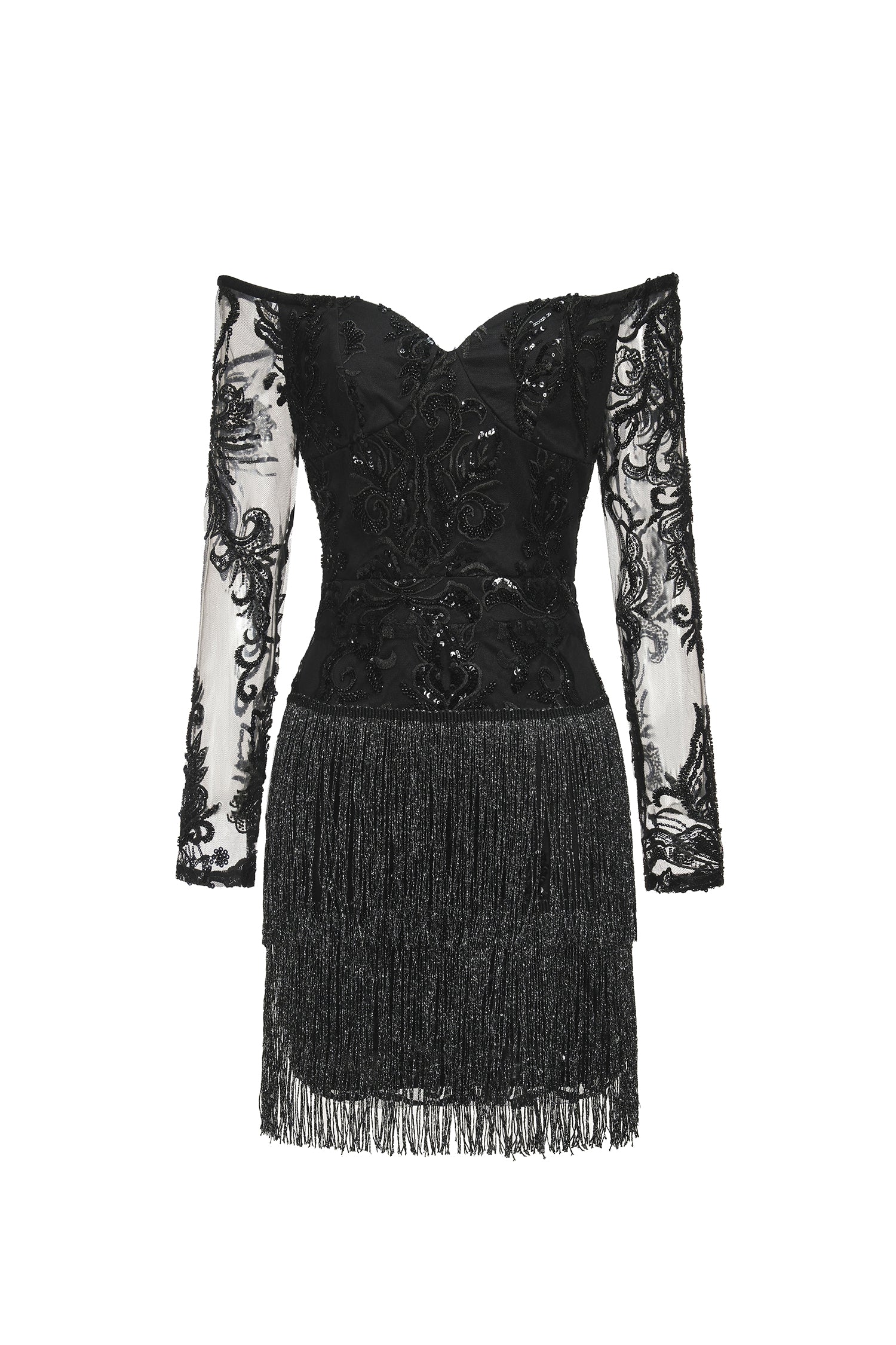 Black Ludia Lace Sequins Off Shoulder Fringe Mini Dress