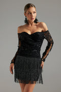 Black Ludia Lace Sequins Off Shoulder Fringe Mini Dress