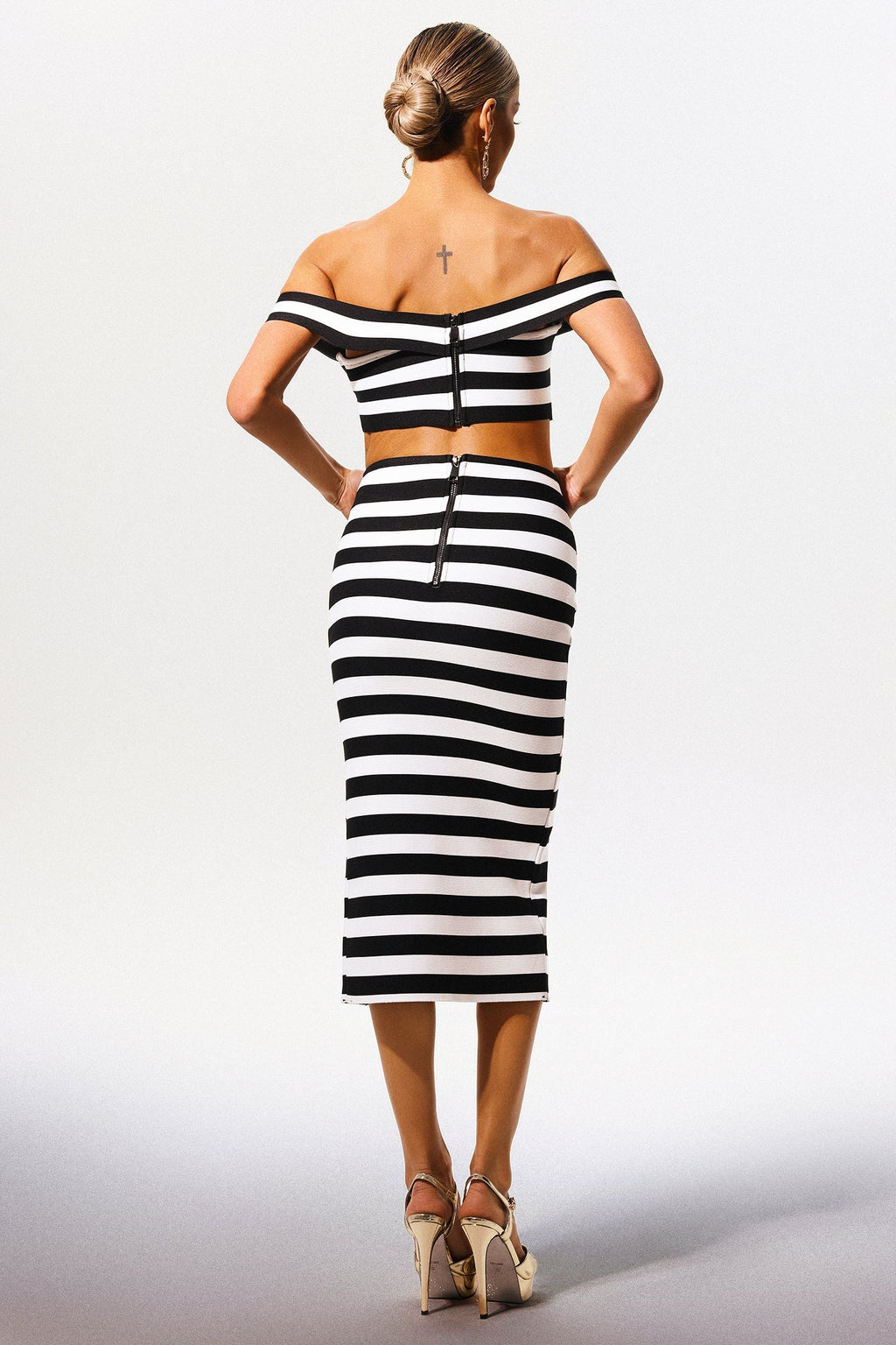 Black Martha Off-the-Shoulder Hollow Out Slit Bandage Midi Two-Piece Set