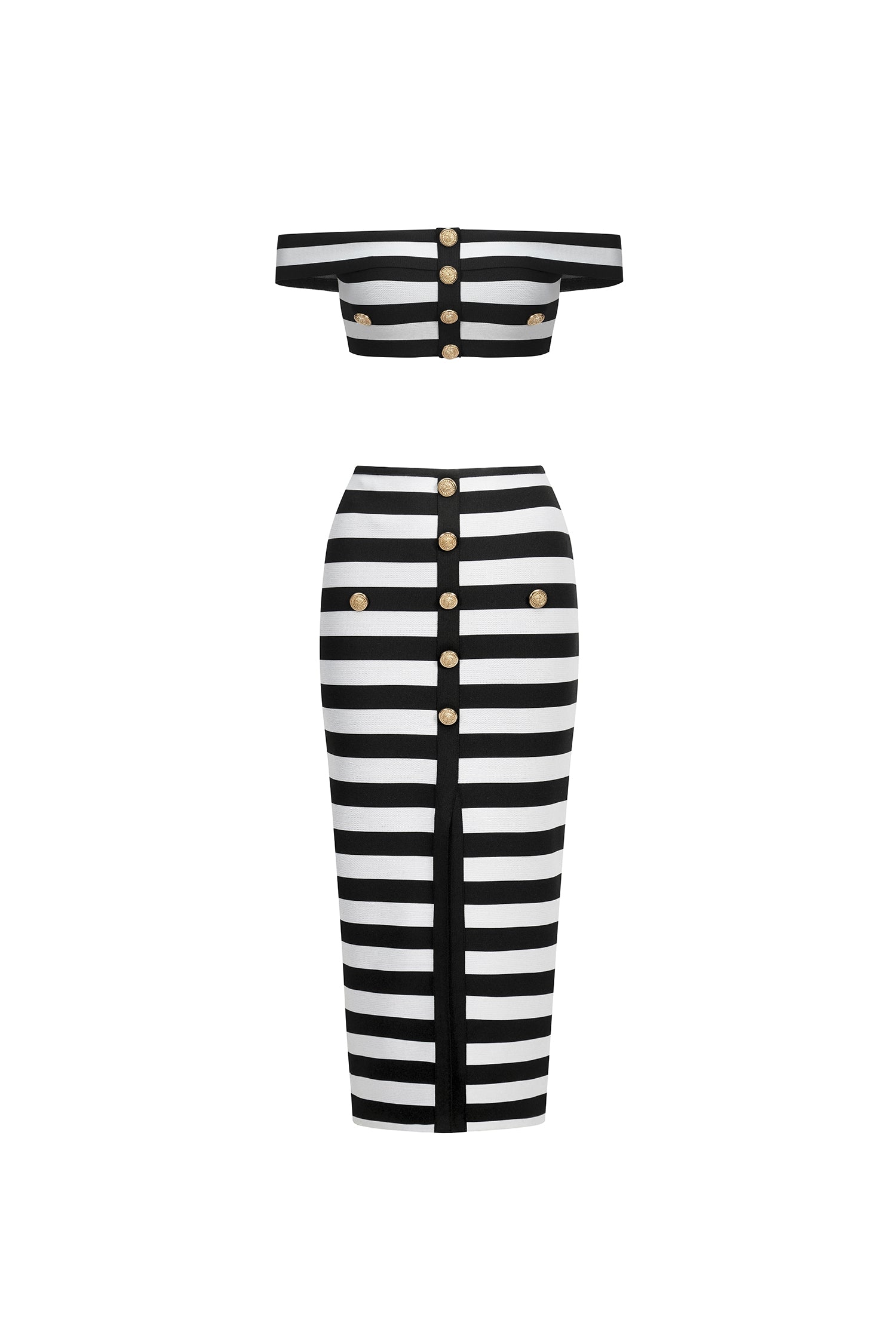 Black Martha Off-the-Shoulder Hollow Out Slit Bandage Midi Two-Piece Set
