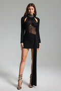 Black Mesh Detail Evening Dress with Striking Embellishments and Cut-outs