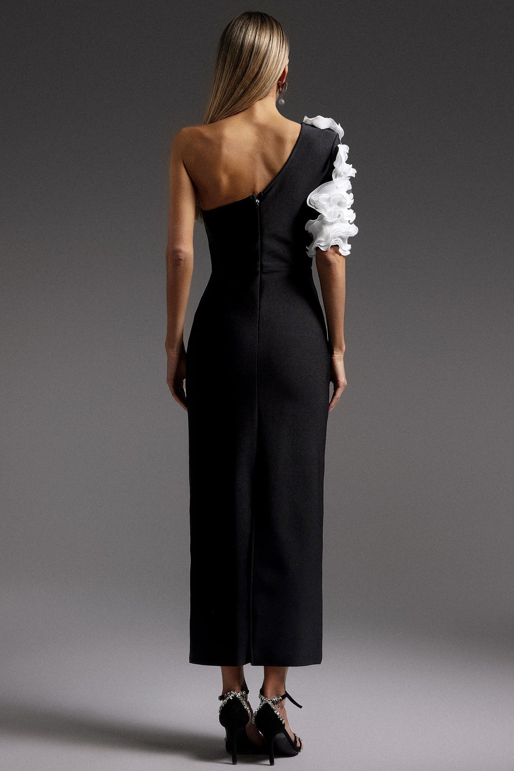 Black One Shoulder Flowers Bandage Midi Dress