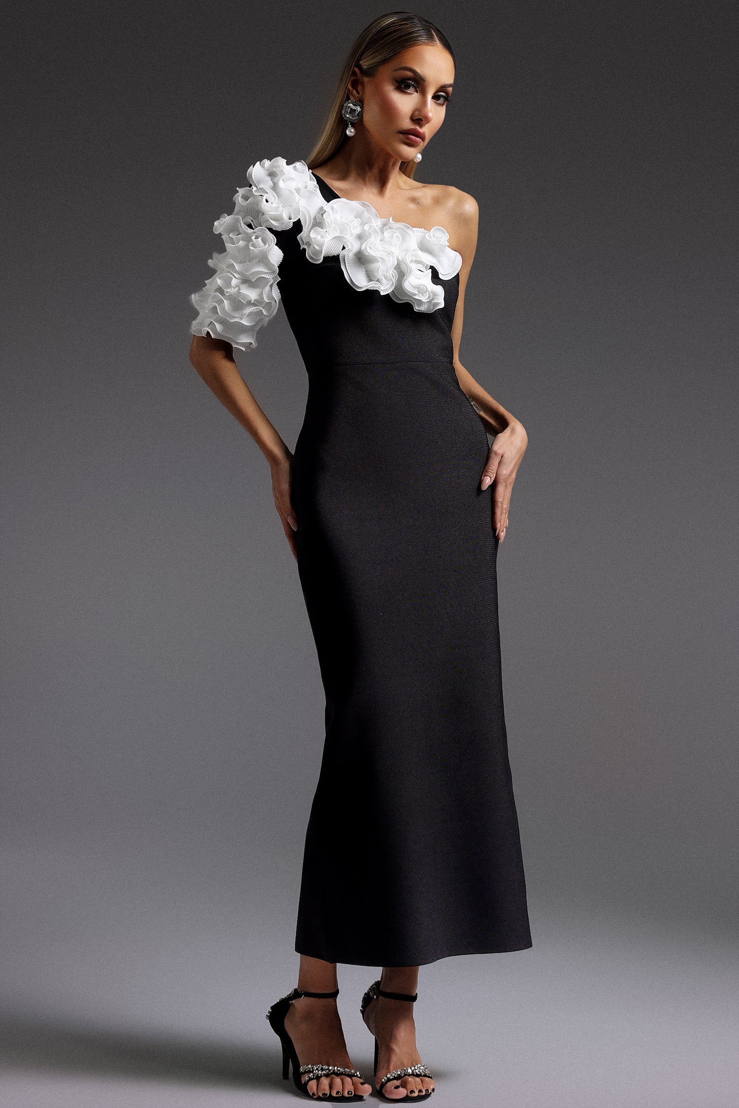 Black One Shoulder Flowers Bandage Midi Dress