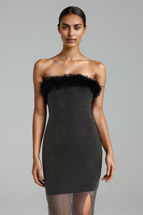 Black Perly Diamante Feather Mesh Midi Dress showcasing elegance and allure with feather detailing and diamantes on mesh fabric