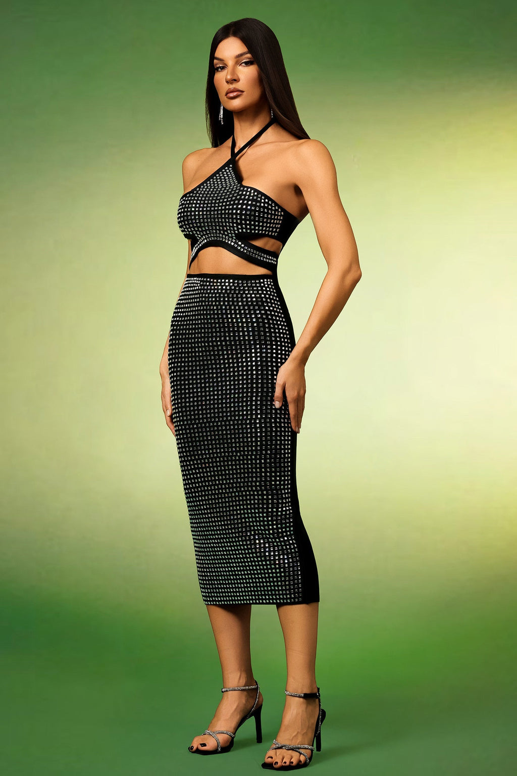 Black Reyna Halter Diamond Hollow Out Bandage Midi Dress