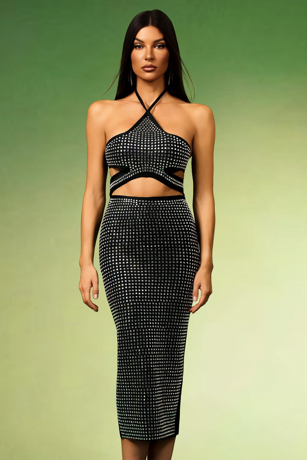 Black Reyna Halter Diamond Hollow Out Bandage Midi Dress