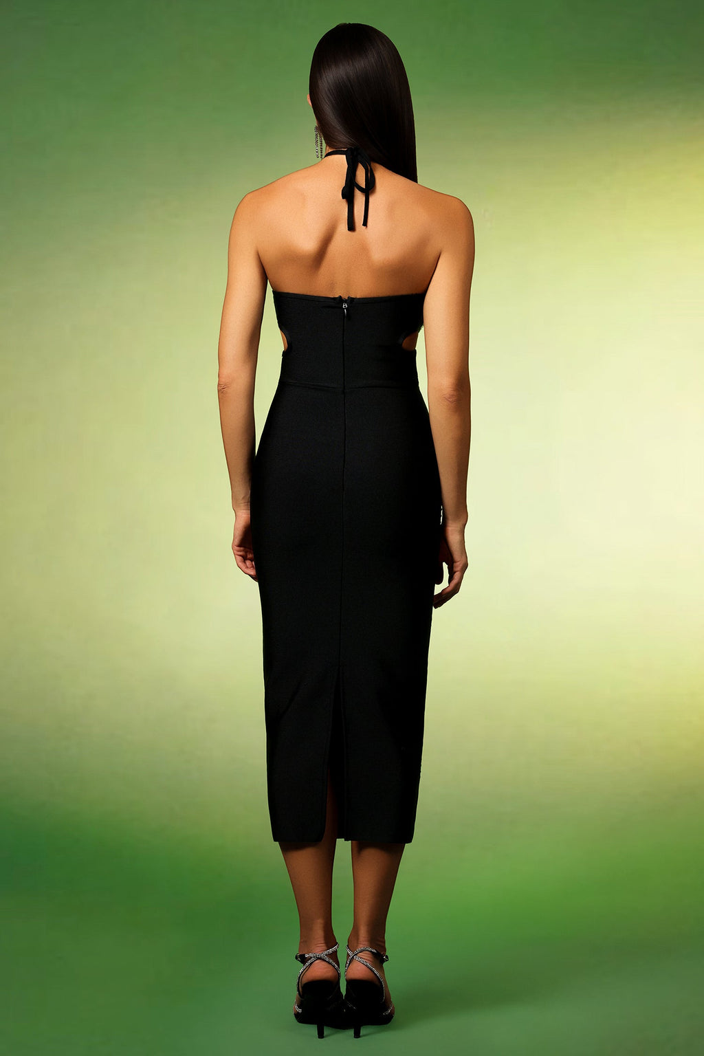 Black Reyna Halter Diamond Hollow Out Bandage Midi Dress