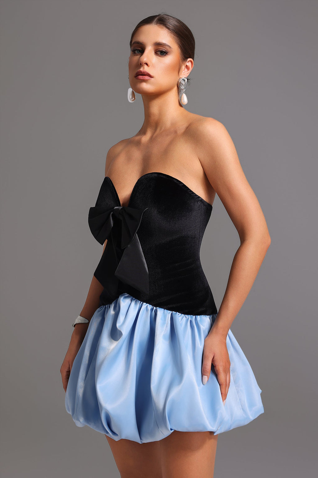 Black Strapless Deep-V Mini Dress with Velvet Bodice and Bow Detailing