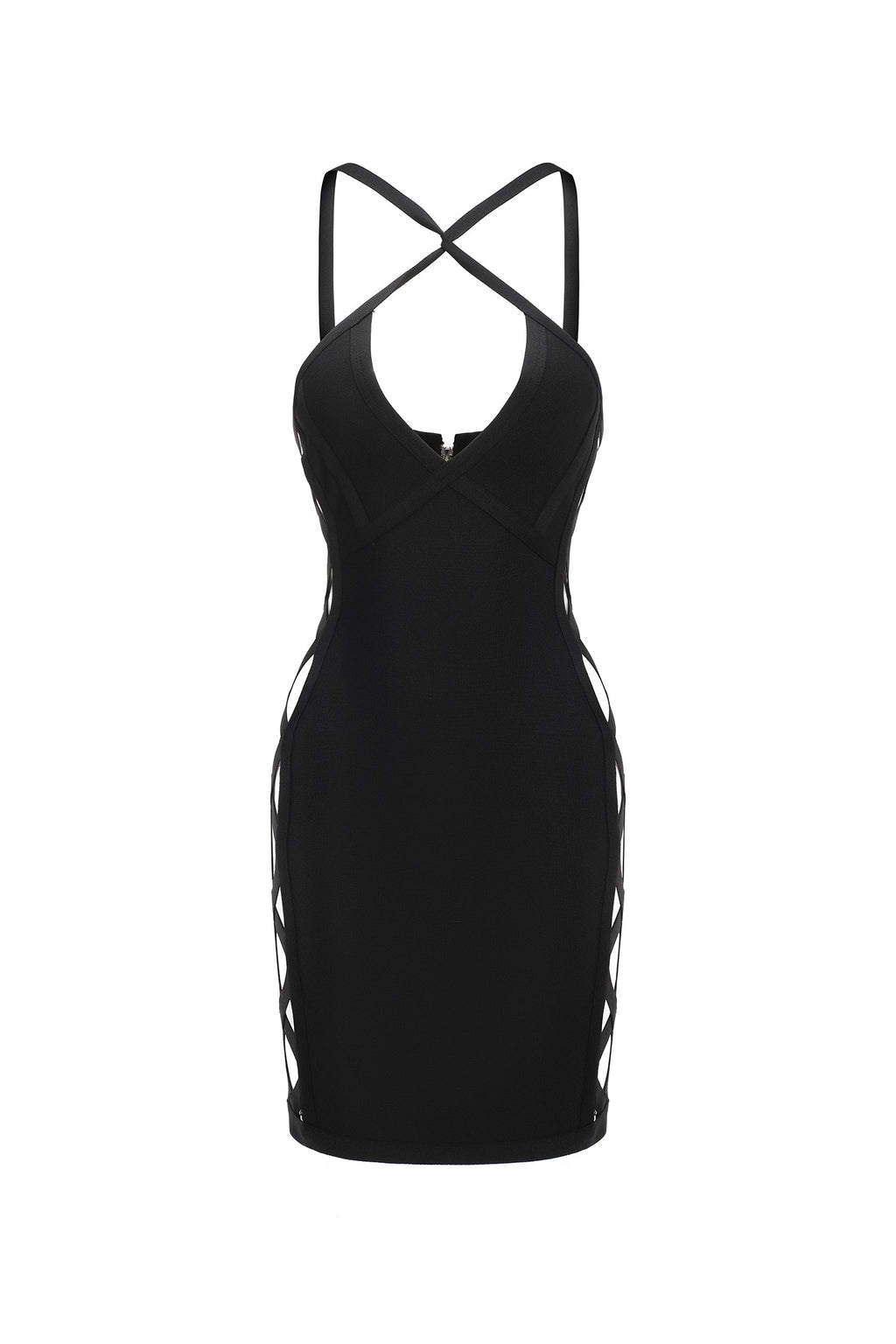 Black Veren Halter Sleeveless V-Neck Hollow Out Bandage Mini Dress