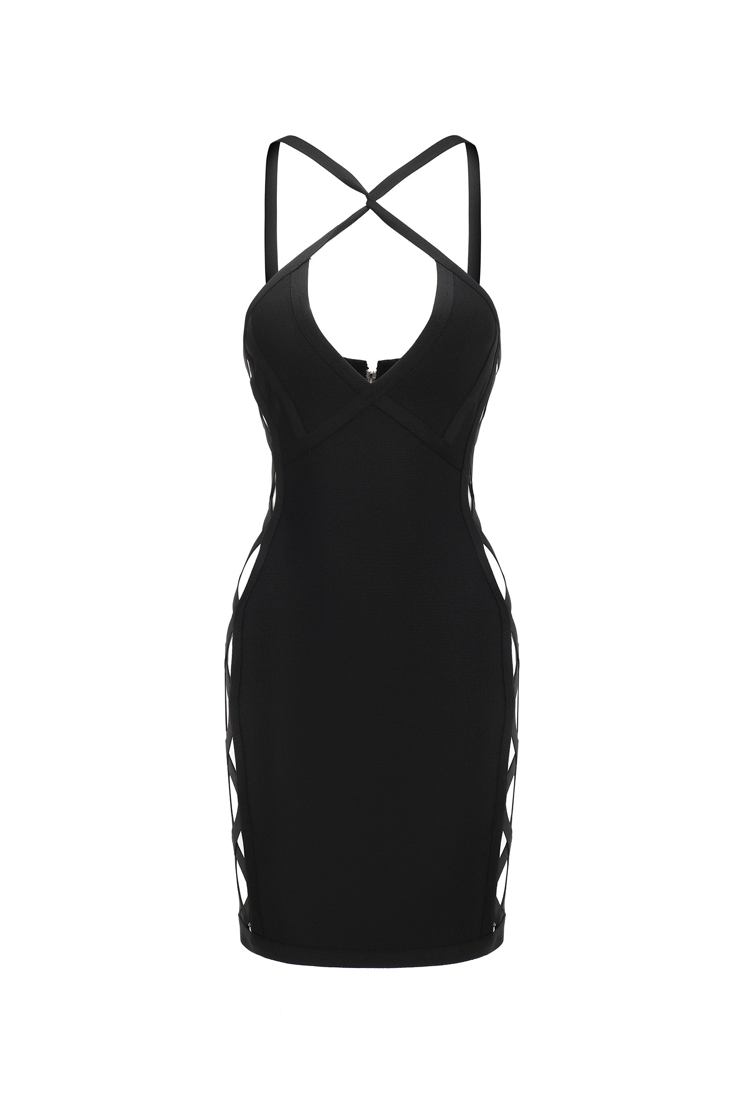 Black Veren Halter Sleeveless V-Neck Hollow Out Bandage Mini Dress