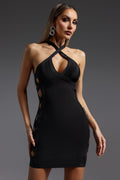 Black Veren Halter Sleeveless V-Neck Hollow Out Bandage Mini Dress