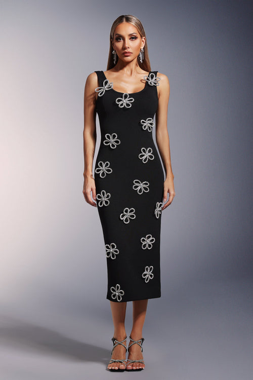 Black Viane Sleeveless Diamond Flowers Bandage Midi Dress