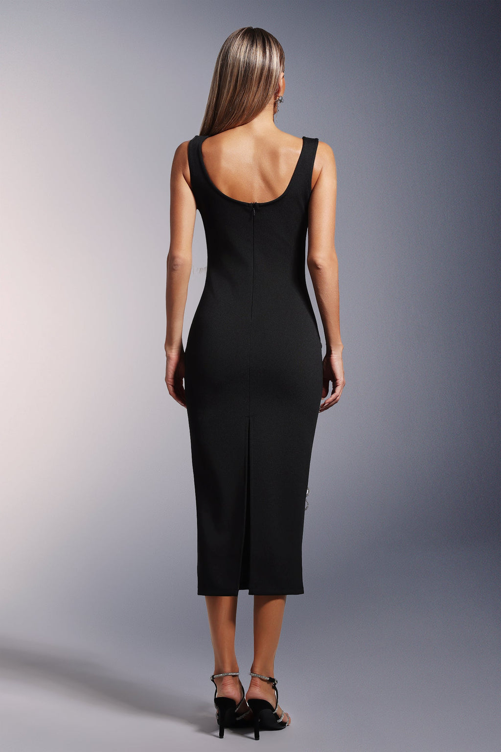 Black Viane Sleeveless Diamond Flowers Bandage Midi Dress