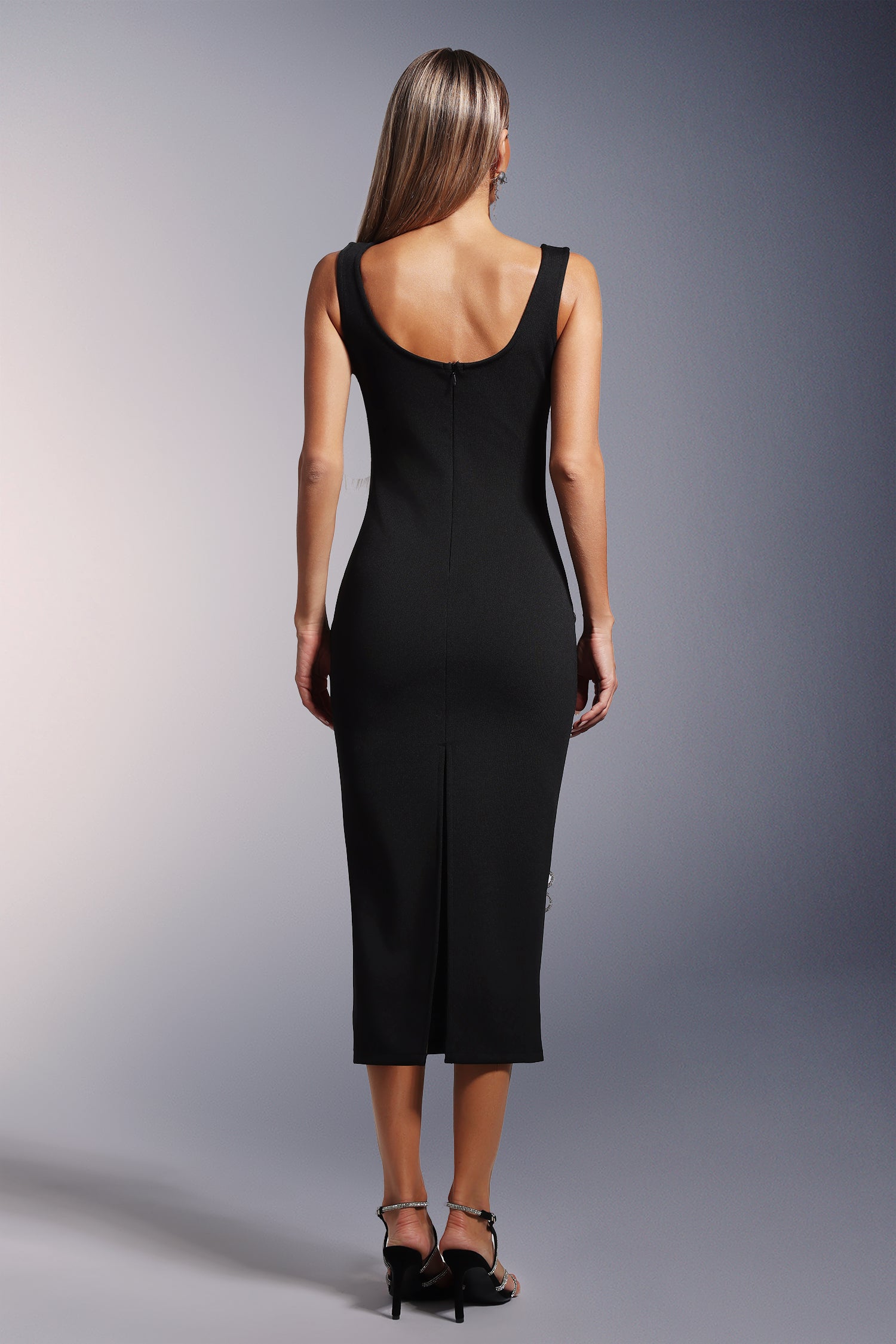 Black Viane Sleeveless Diamond Flowers Bandage Midi Dress