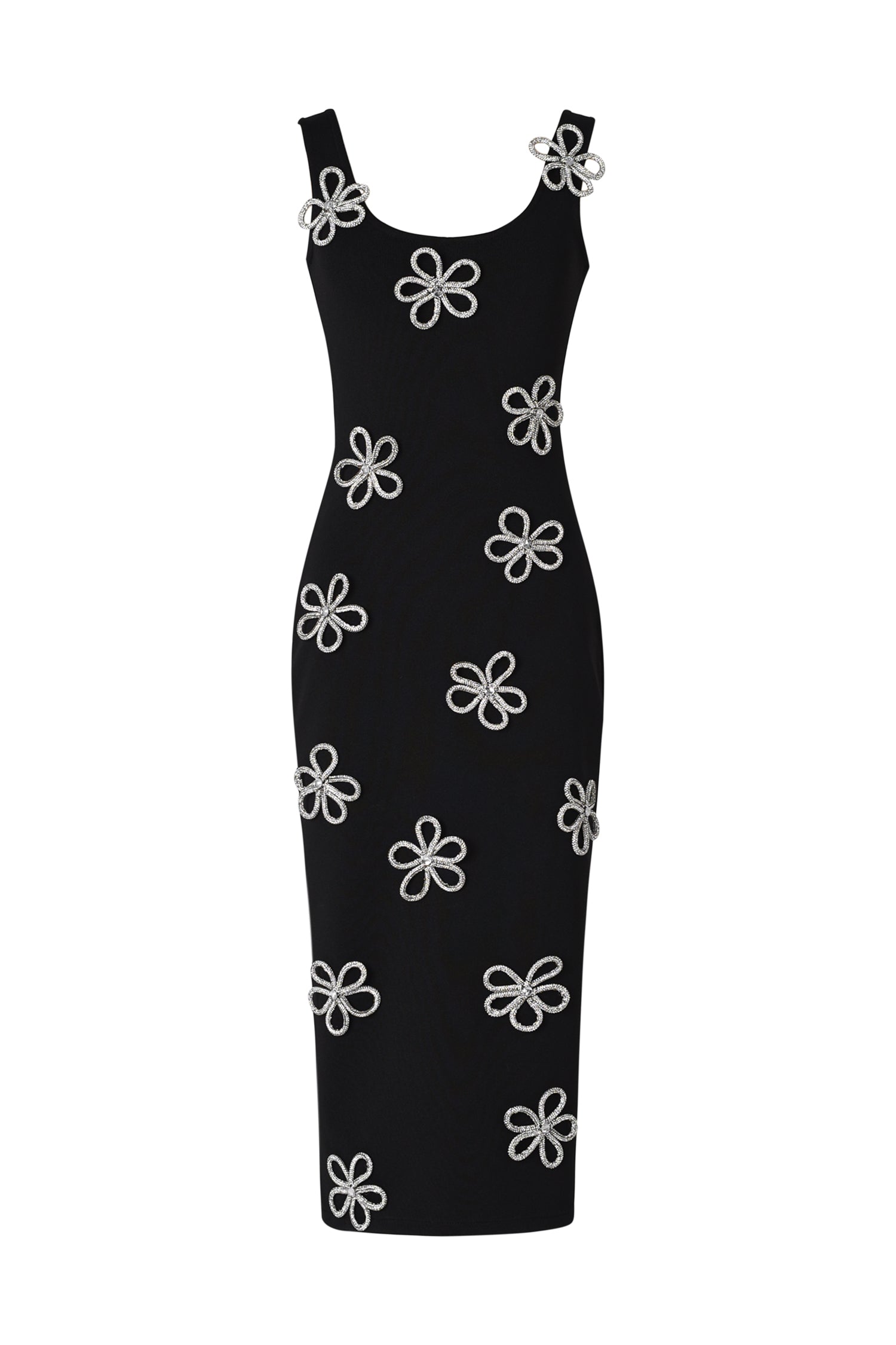 Black Viane Sleeveless Diamond Flowers Bandage Midi Dress