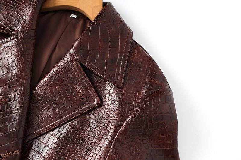 Blair Classic Long Trench Coat - Croc - Embossed Faux Leather with Double - Breasted Buttons