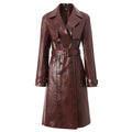 Blair Classic Long Trench Coat - Croc - Embossed Faux Leather with Double - Breasted Buttons