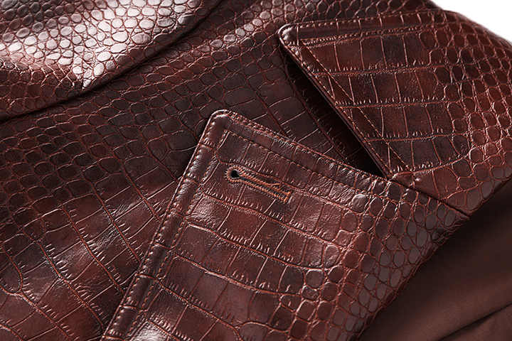Blair Classic Long Trench Coat - Croc - Embossed Faux Leather with Double - Breasted Buttons