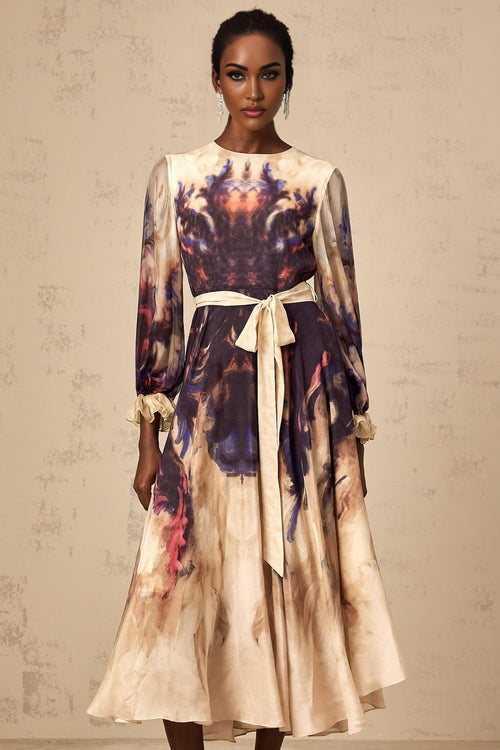 Blair Midi Dress – Smudged Graffiti Print – Pleated Detailing – Self - Tie Design