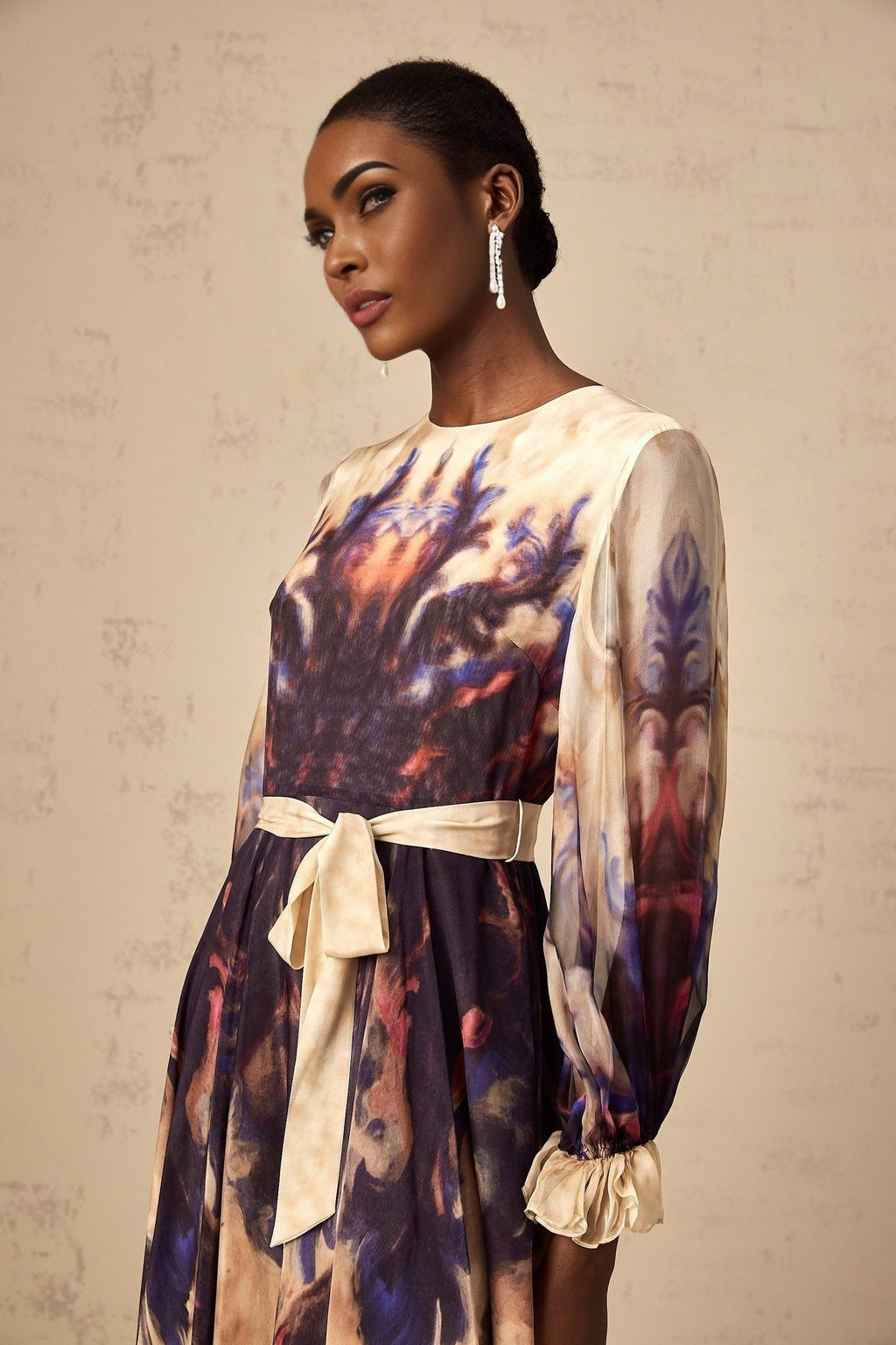 Blair Midi Dress – Smudged Graffiti Print – Pleated Detailing – Self - Tie Design