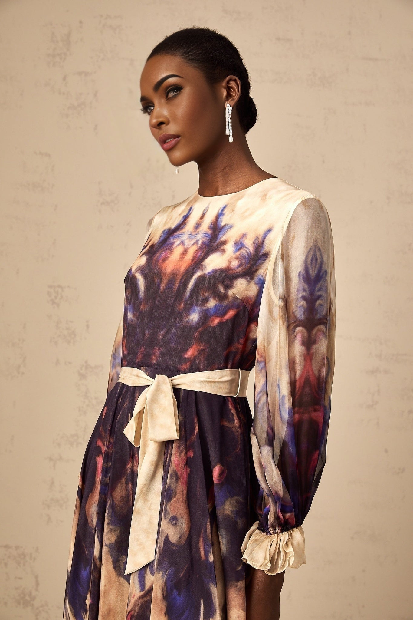 Blair Midi Dress – Smudged Graffiti Print – Pleated Detailing – Self - Tie Design
