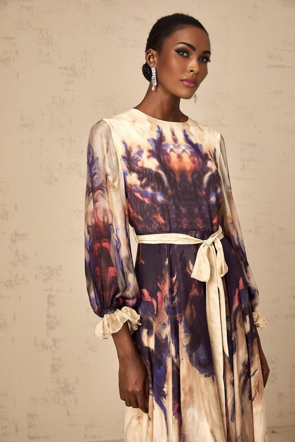 Blair Midi Dress – Smudged Graffiti Print – Pleated Detailing – Self - Tie Design