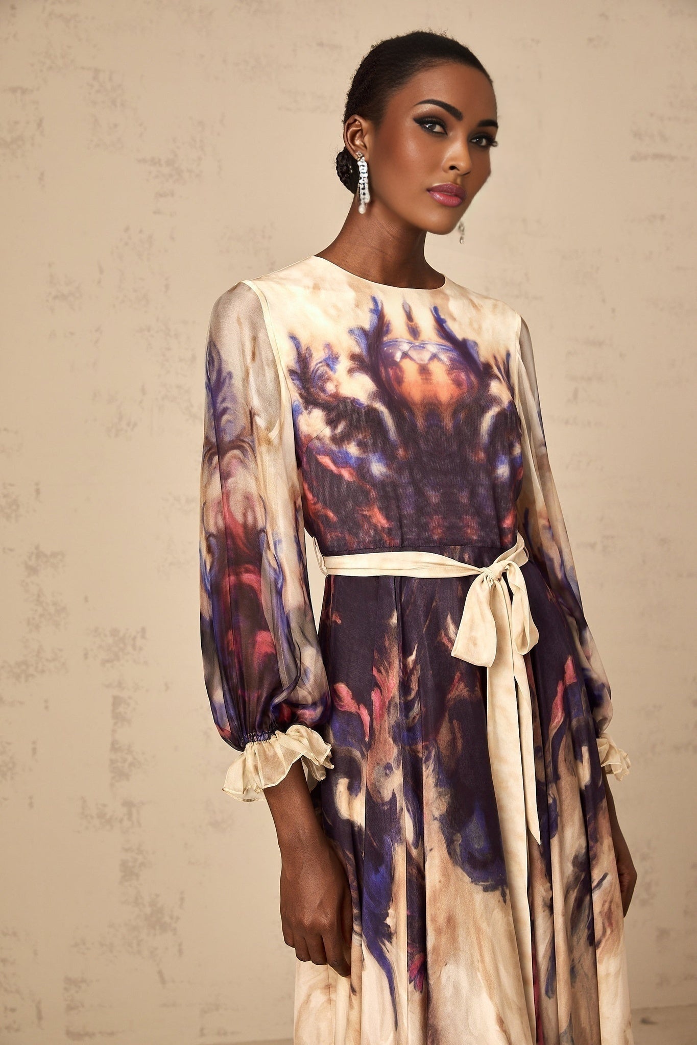 Blair Midi Dress – Smudged Graffiti Print – Pleated Detailing – Self - Tie Design