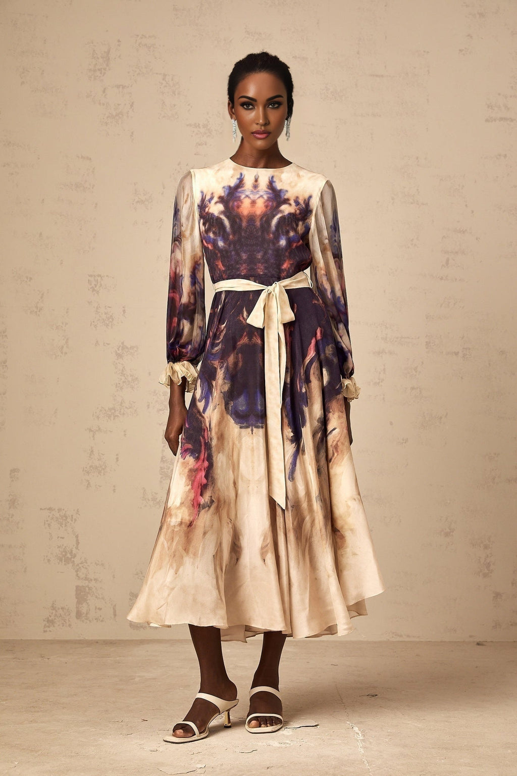 Blair Midi Dress – Smudged Graffiti Print – Pleated Detailing – Self - Tie Design