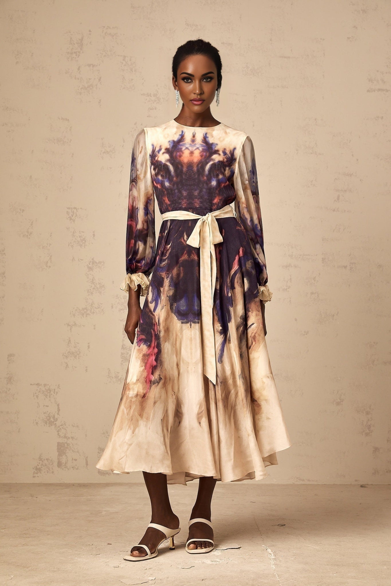Blair Midi Dress – Smudged Graffiti Print – Pleated Detailing – Self - Tie Design