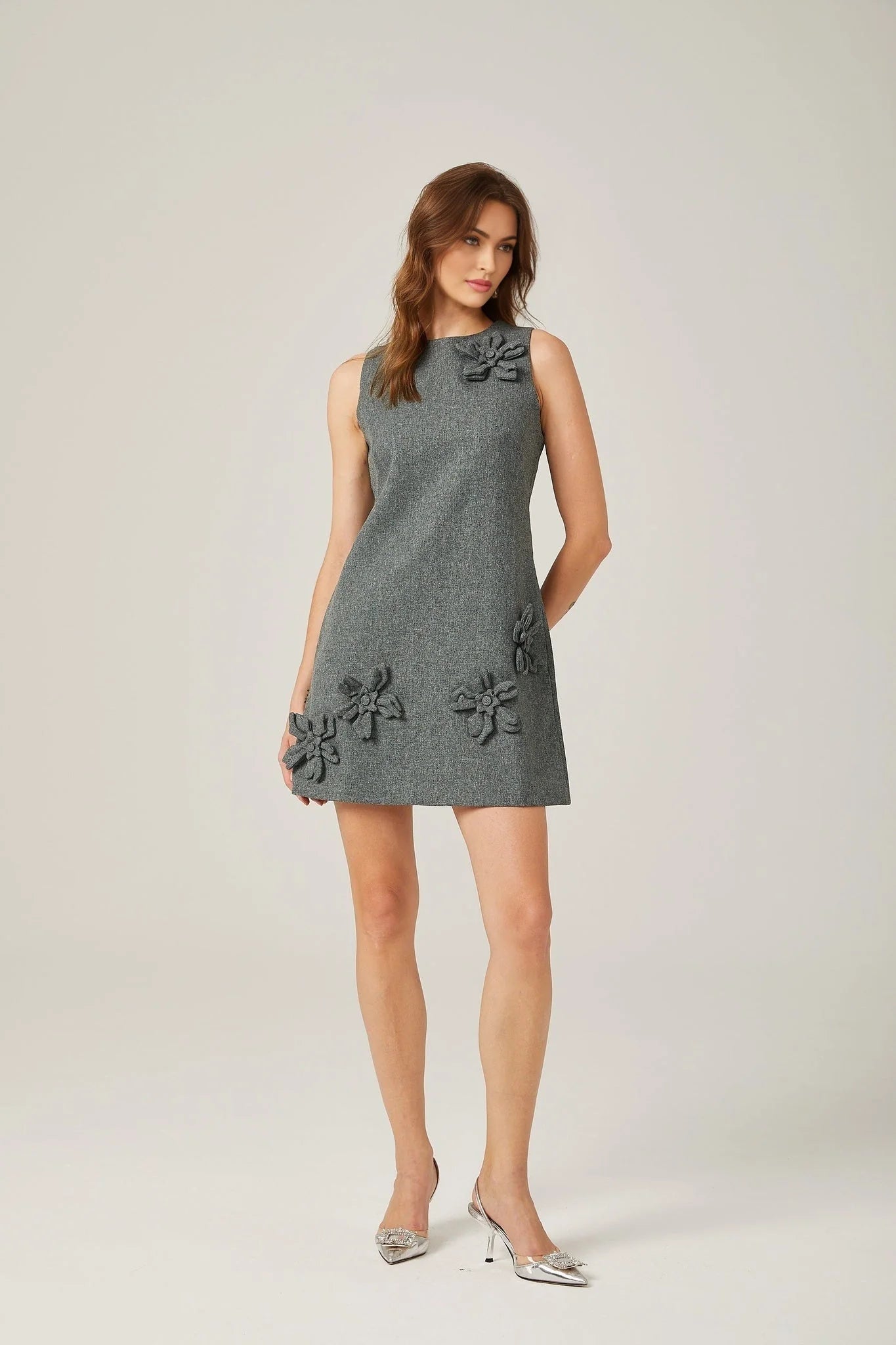 Blair Mini Dress - Sleeveless - Round Neck - Faux - Flower Design - Thigh Length