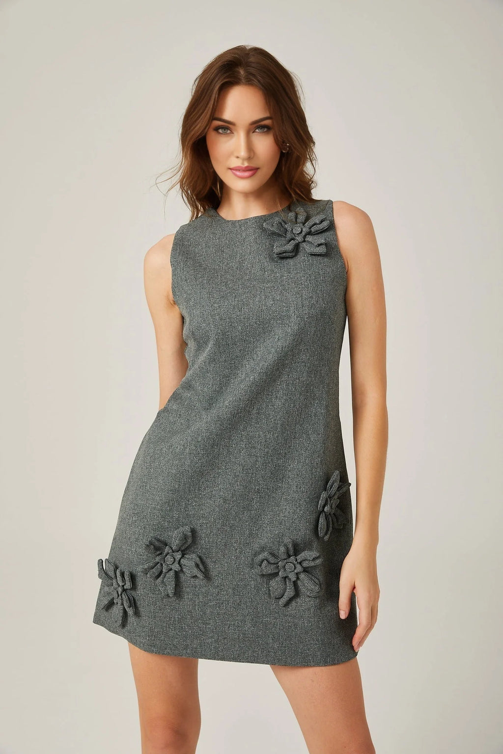 Blair Mini Dress - Sleeveless - Round Neck - Faux - Flower Design - Thigh Length