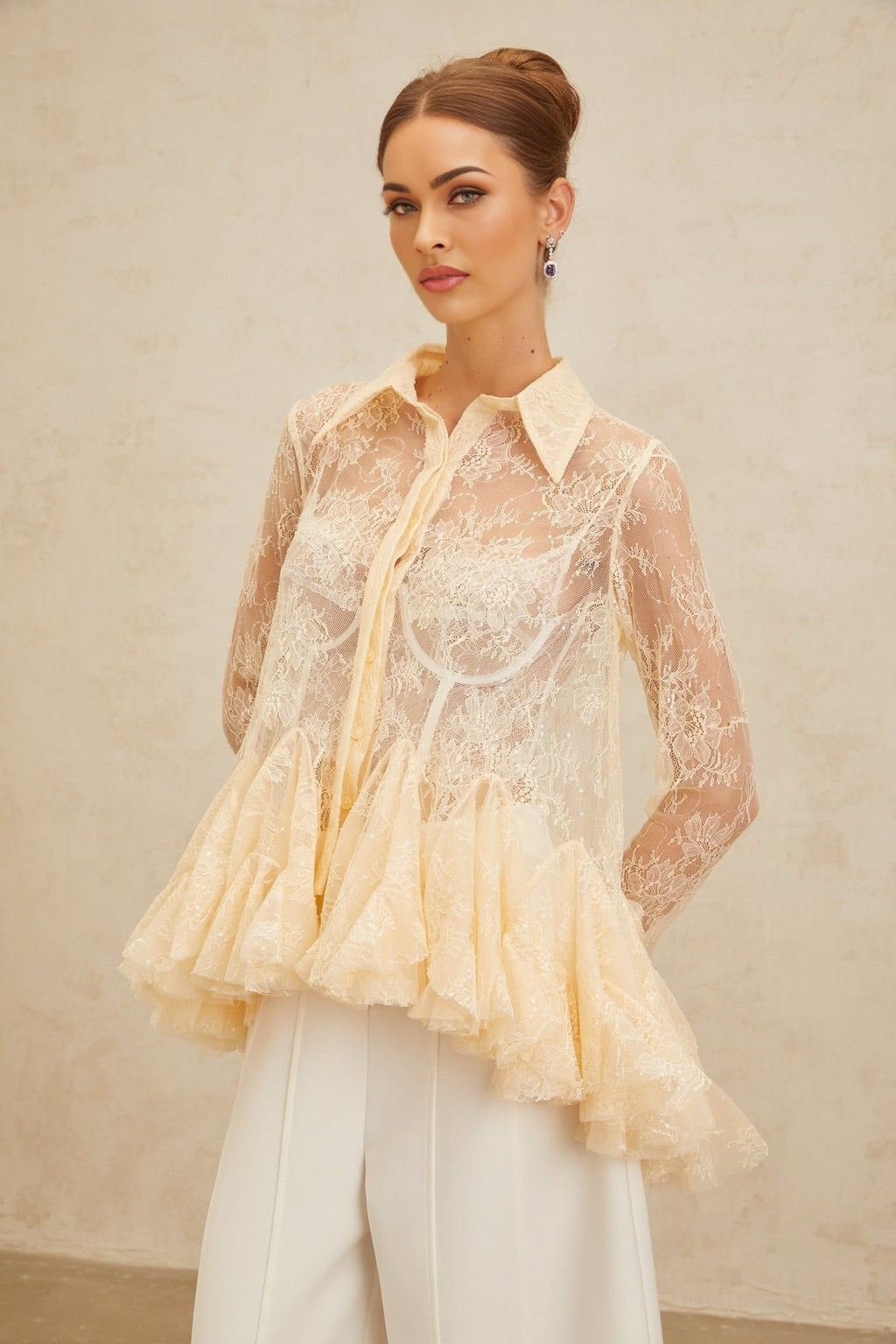Blouse - Pointed Collar - Flared Sleeves - Semi - Sheer - Floral Lace - Ruffled Peplum Hem