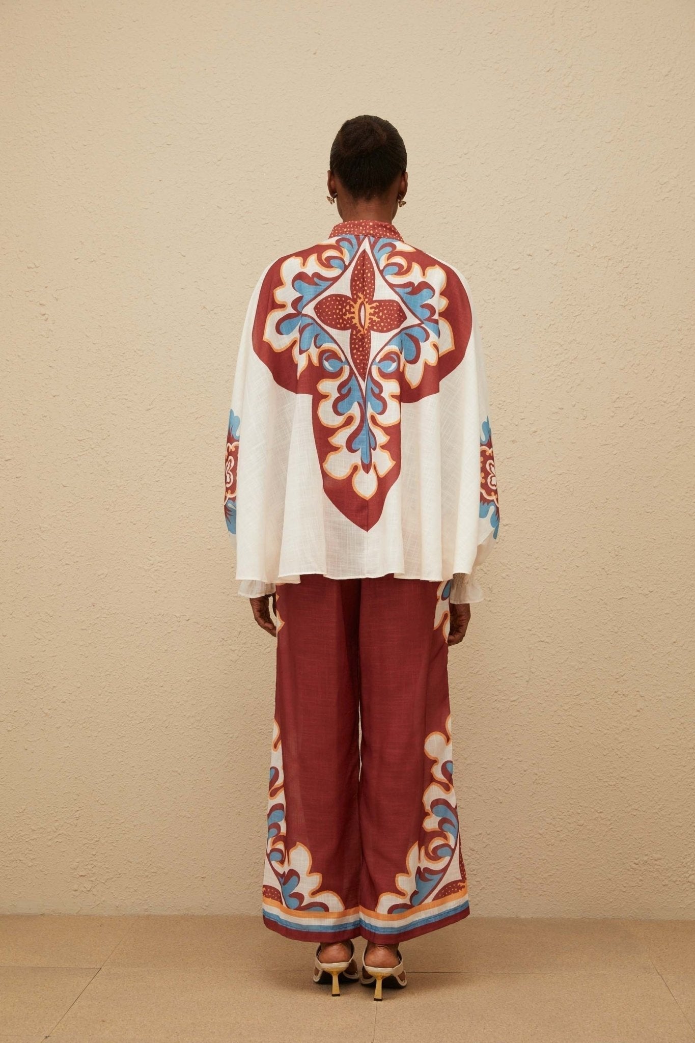 Blouse & Trousers Set - Graphic Print - Bow - Tied Neck - Wide Leg - Elasticated Cuffs - Ankle Length