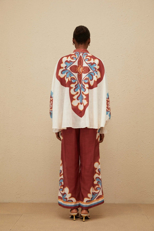 Blouse & Trousers Set - Graphic Print - Bow - Tied Neck - Wide Leg - Elasticated Cuffs - Ankle Length