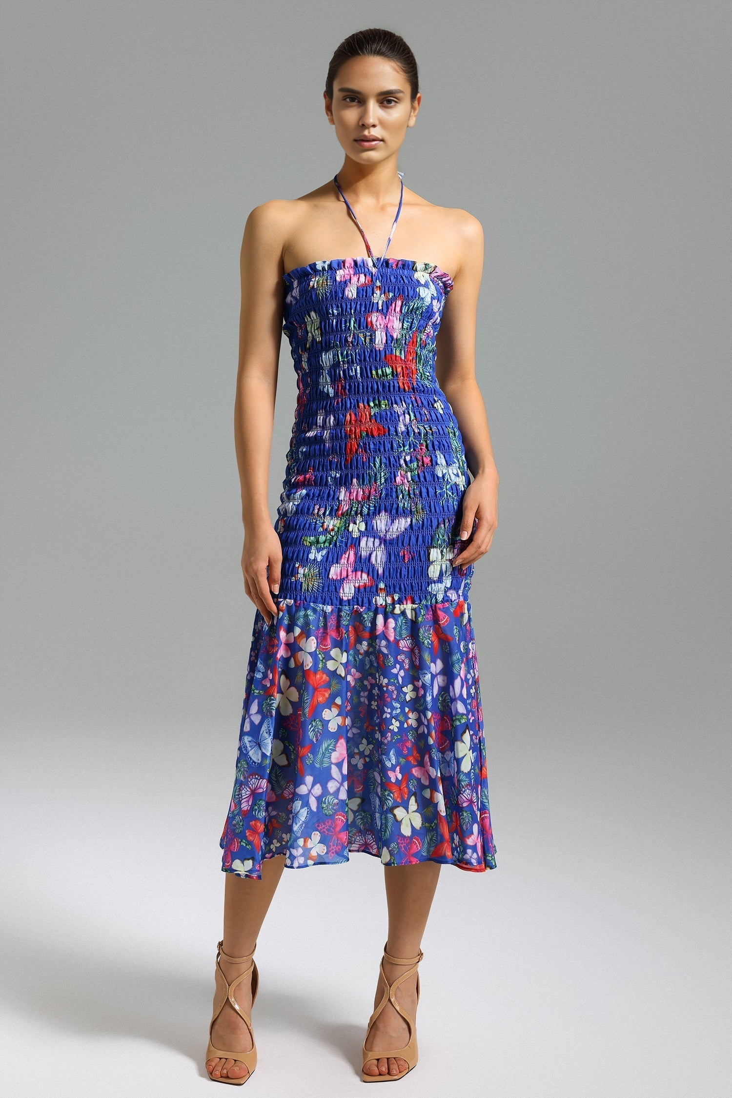 Blue Floral Yoli Flared Printed Midi Dress
