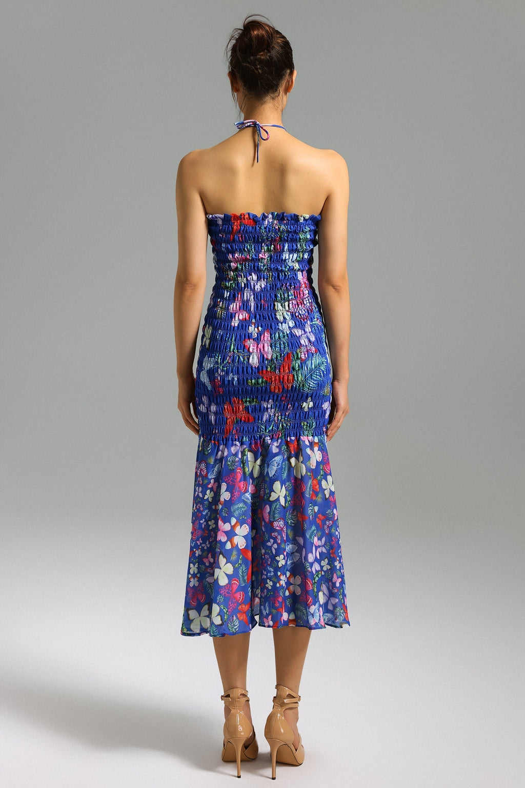 Blue Yoli Flared Printed Midi Dress with Smocked Bodice and Floral Pattern