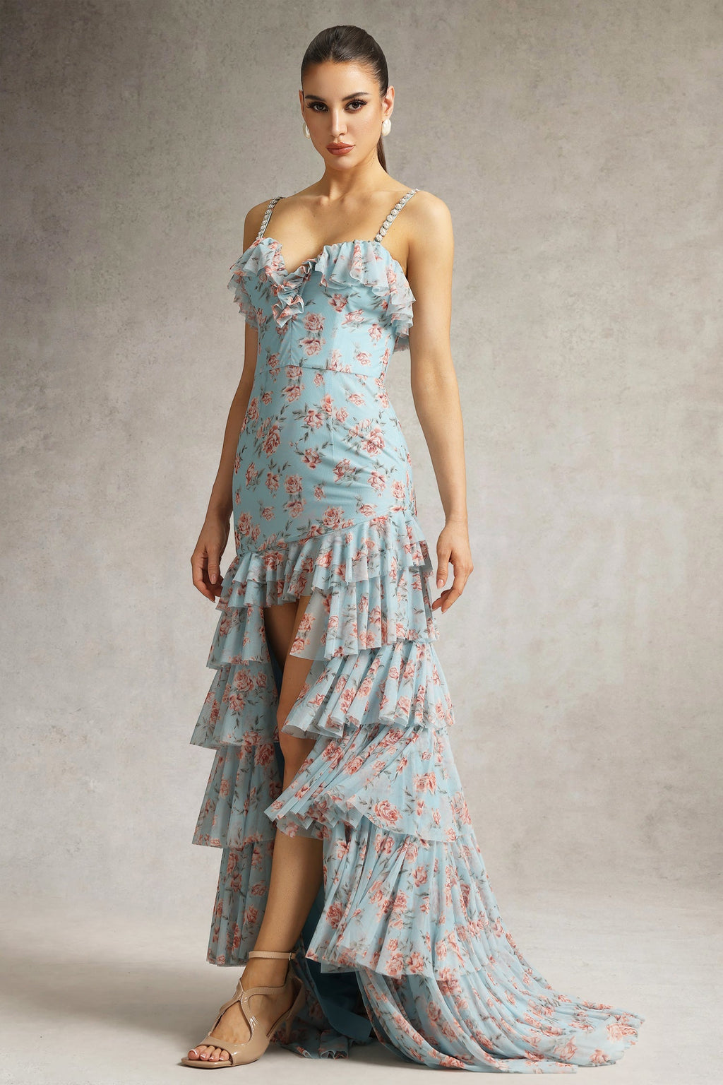 Bonnie Blue Floral Maxi Dress with Ruffle Detailing