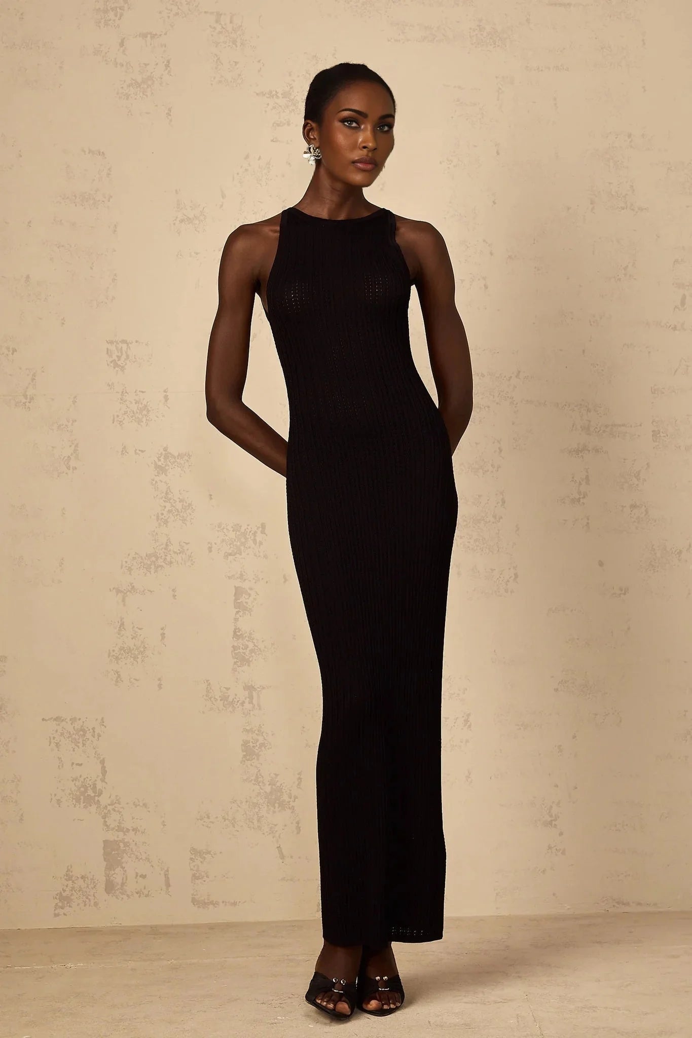 Bonnie Maxi Dress Black Fitted Ribbed - Knit Sleeveless Buttons Length
