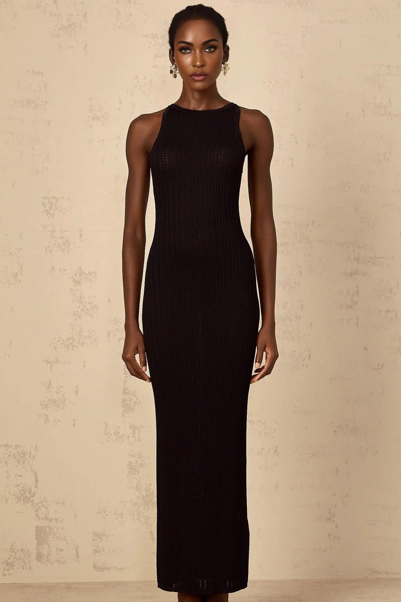 Bonnie Maxi Dress Black Fitted Ribbed - Knit Sleeveless Buttons Length