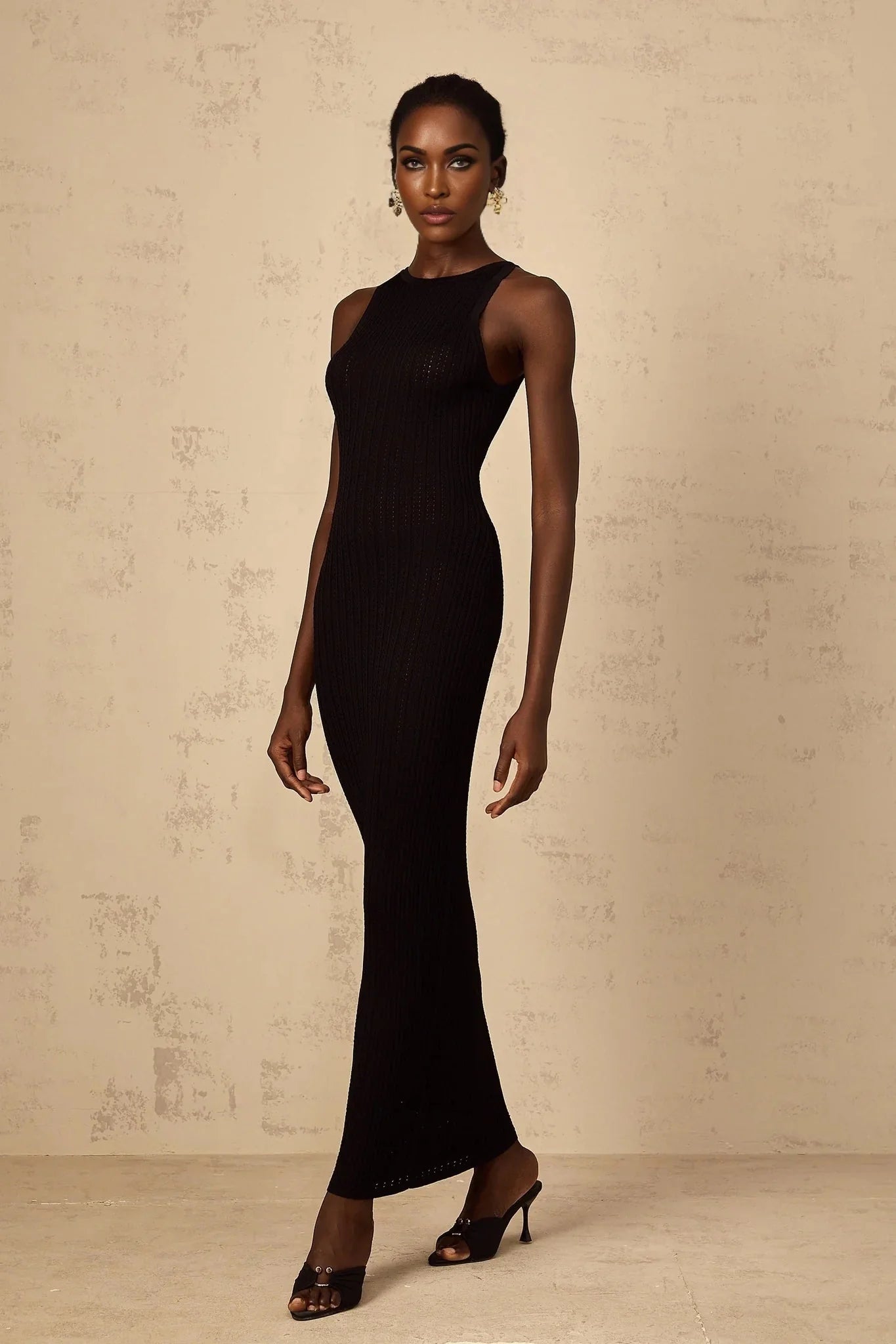 Bonnie Maxi Dress Black Fitted Ribbed - Knit Sleeveless Buttons Length