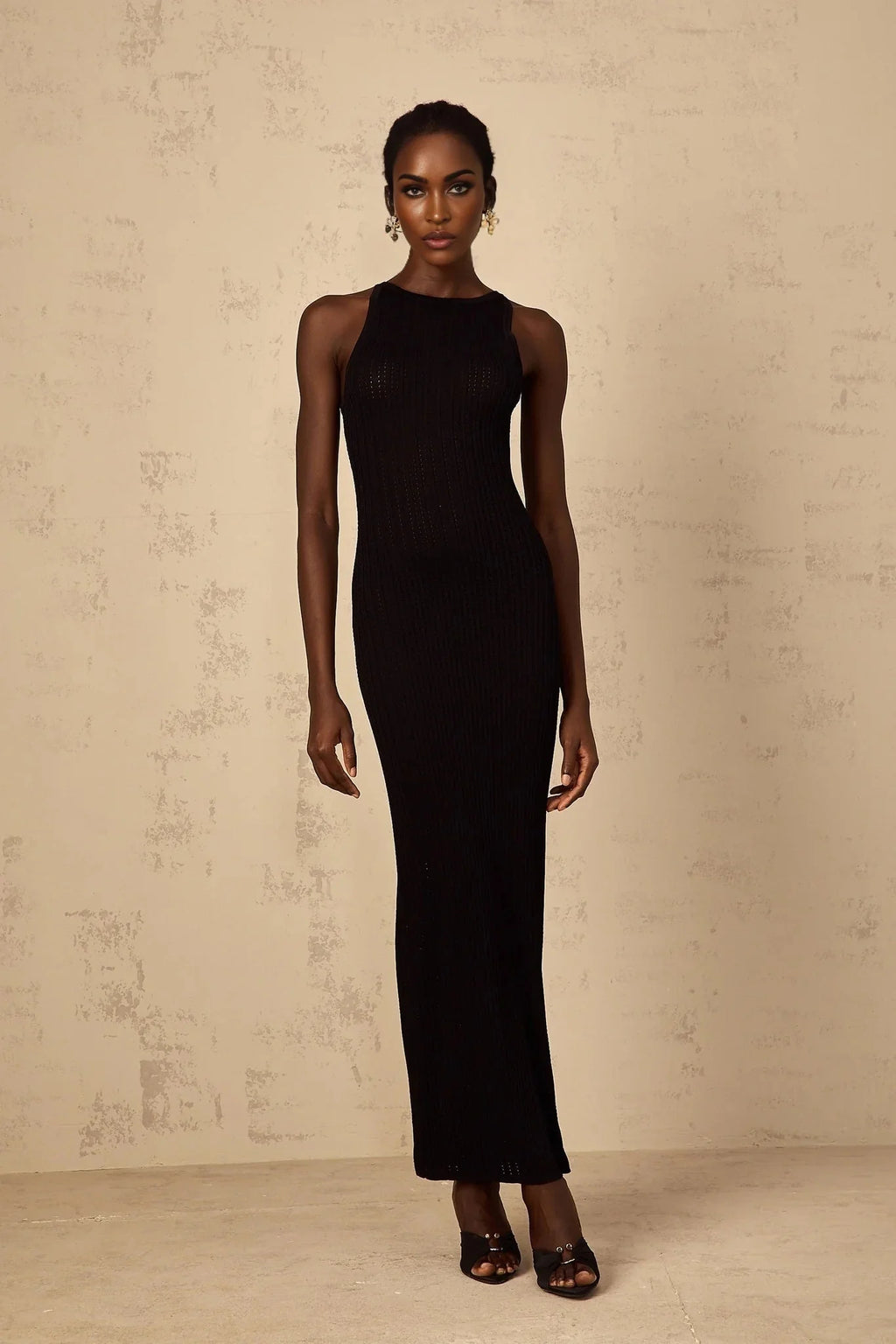 Bonnie Maxi Dress Black Fitted Ribbed - Knit Sleeveless Buttons Length