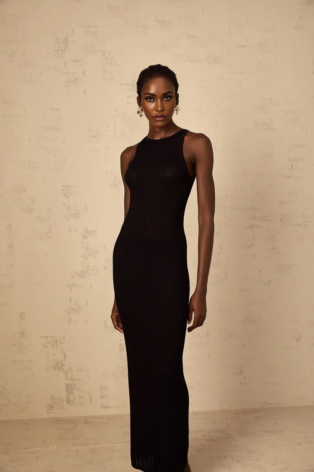 Bonnie Maxi Dress Black Fitted Ribbed - Knit Sleeveless Buttons Length