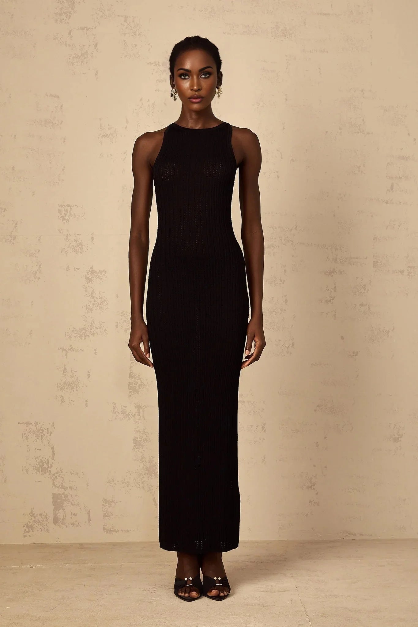 Bonnie Maxi Dress Black Fitted Ribbed - Knit Sleeveless Buttons Length