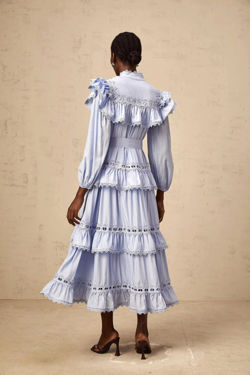 Bonnie Midi Dress Blue Tiered Lace Trim & Cut - Out Detail