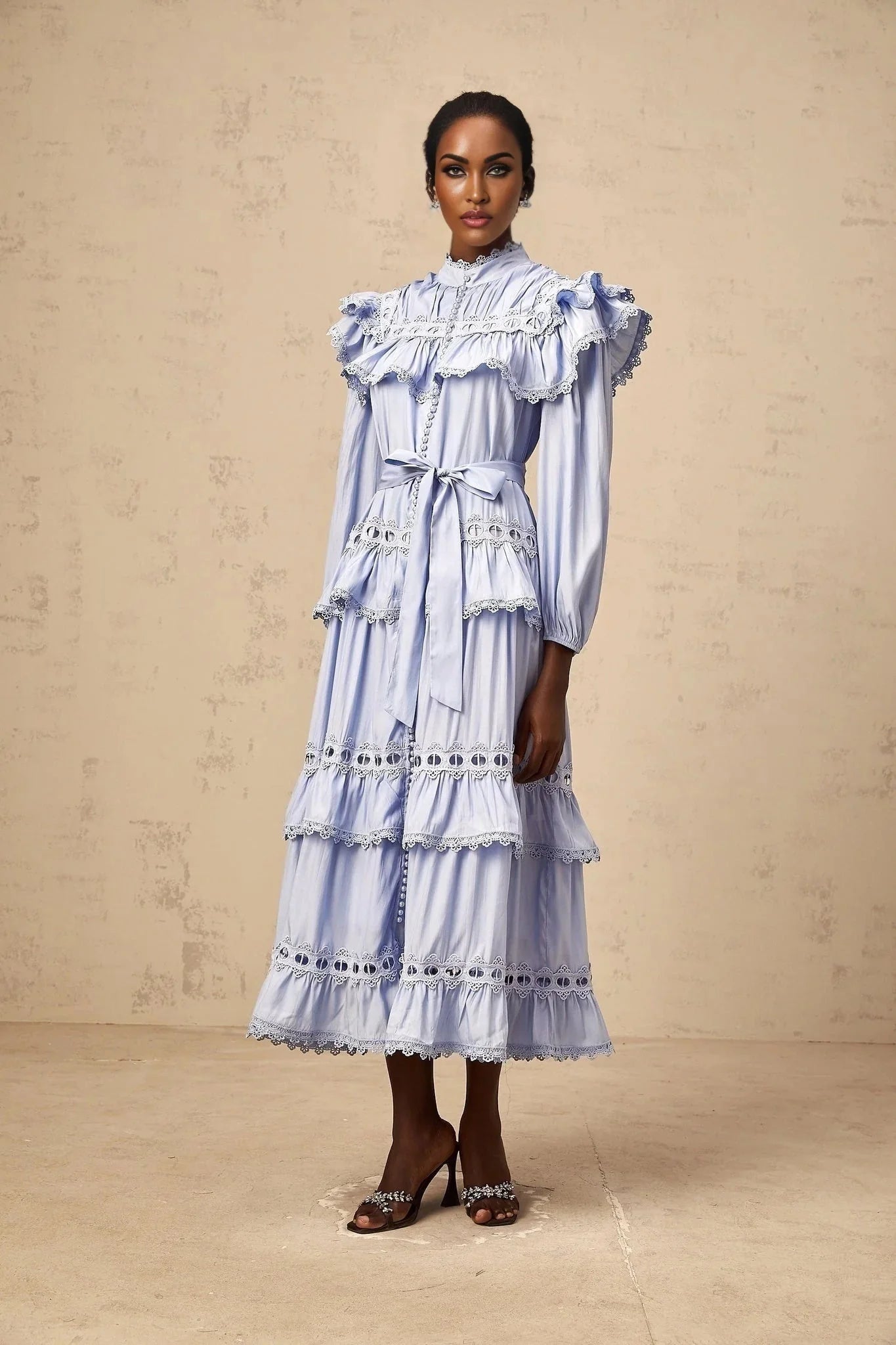 Bonnie Midi Dress Blue Tiered Lace Trim & Cut - Out Detail